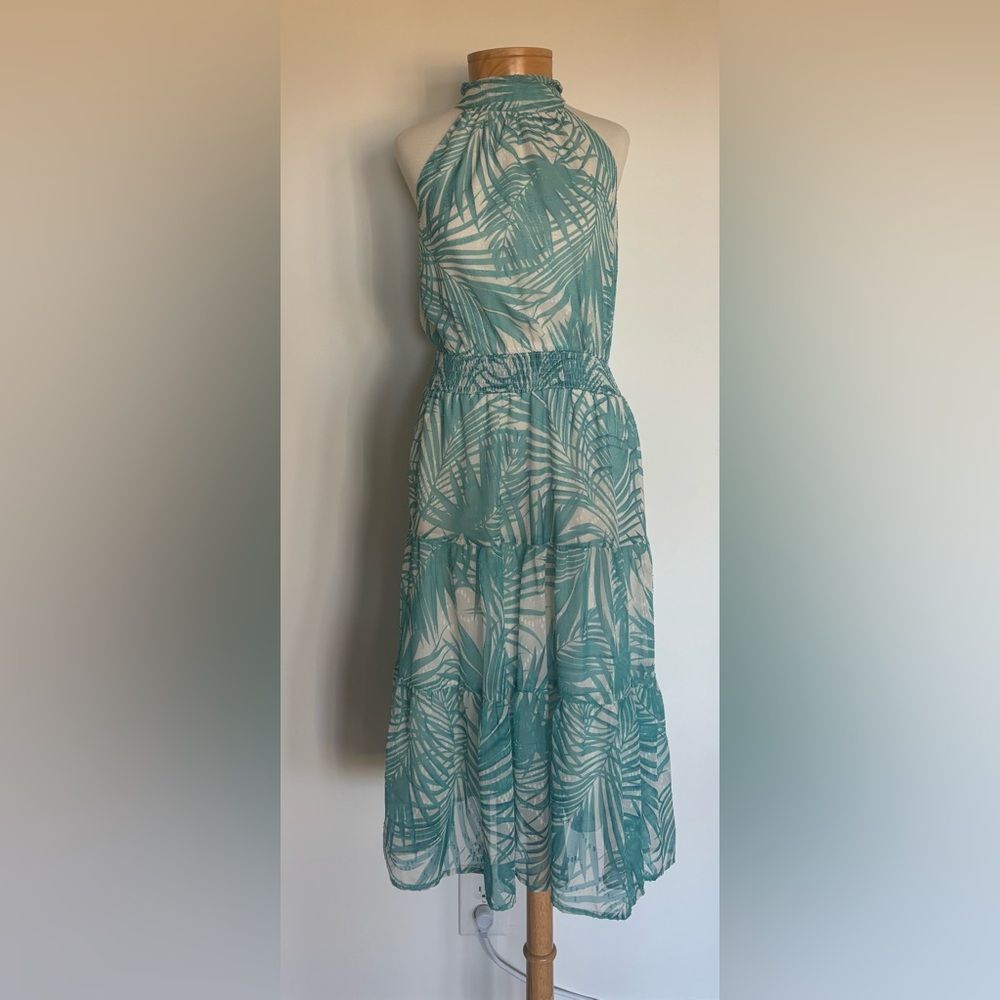 Elegant Teal Palm Print Halter Maxi Dress